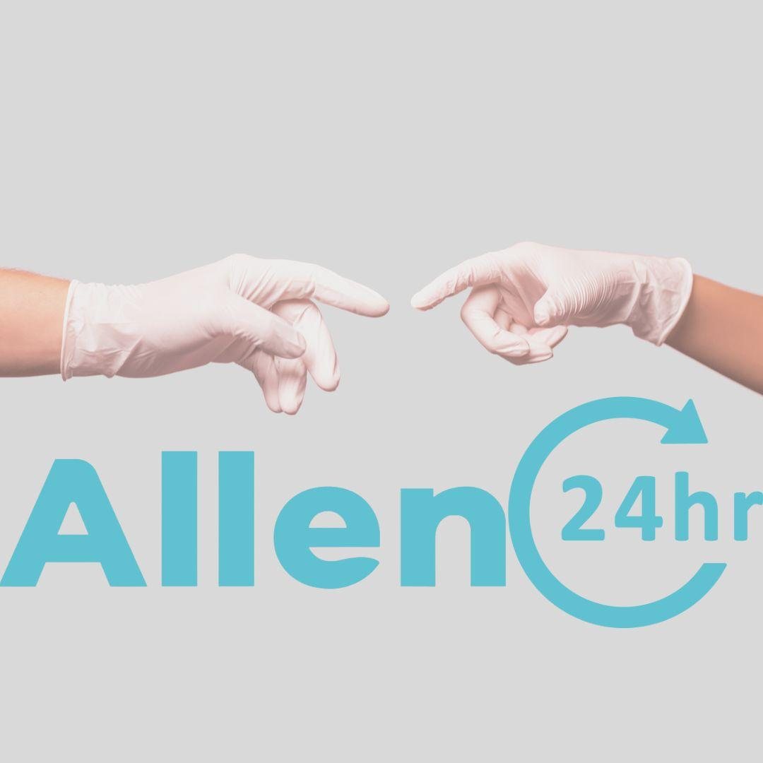 Allen — mãos com luvas cirúrgicas e selo de atendimento 24h